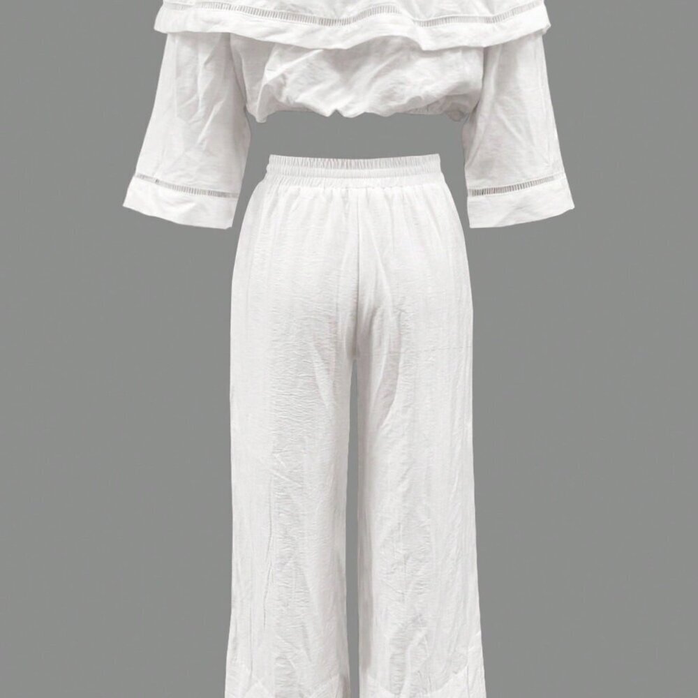 White Casual Women's Set Off-The-Shoulder Crop Top & Pants Set - Picture 3 of 5